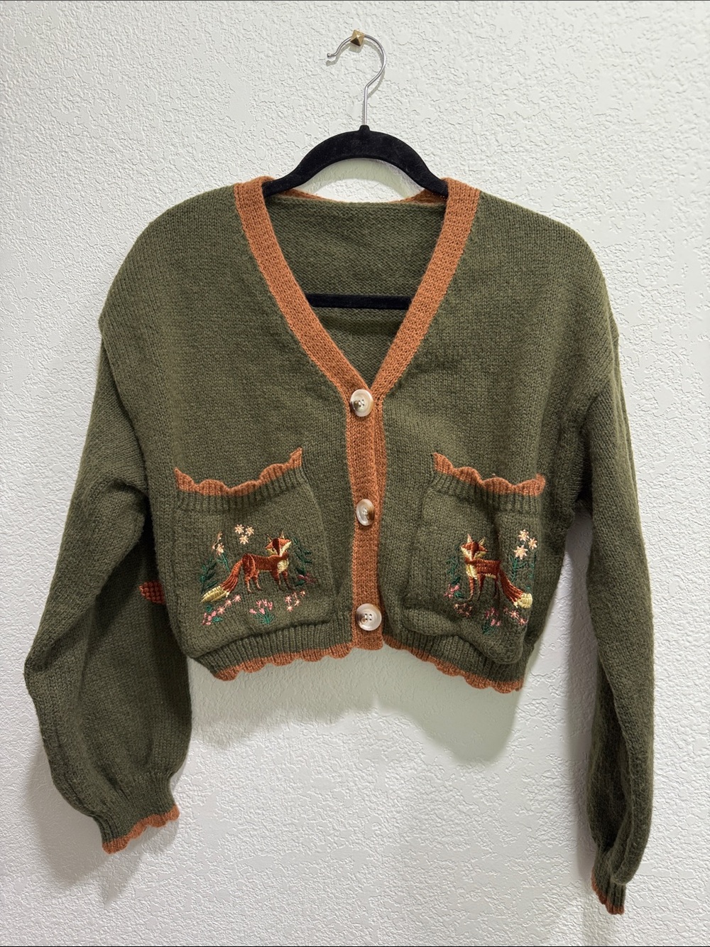 Fox Embroidered Cardigan Medium Woodland Cottagecore Cropped Sweater